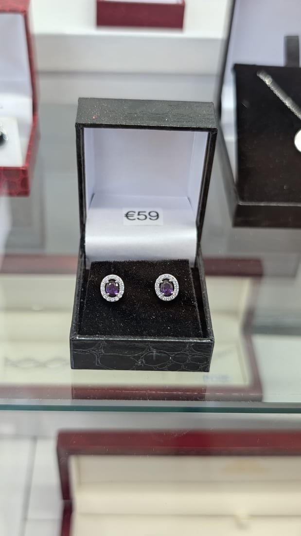 Amethyst Halo Studs, Silver, Amethyst