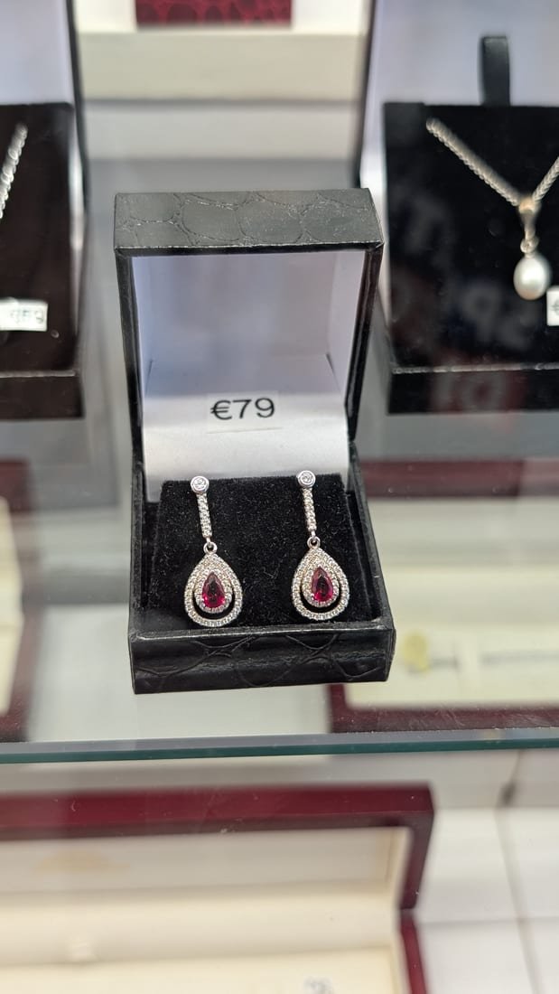 Ruby Pear Drop Earrings, Silver, Ruby & Cubic Zirconia