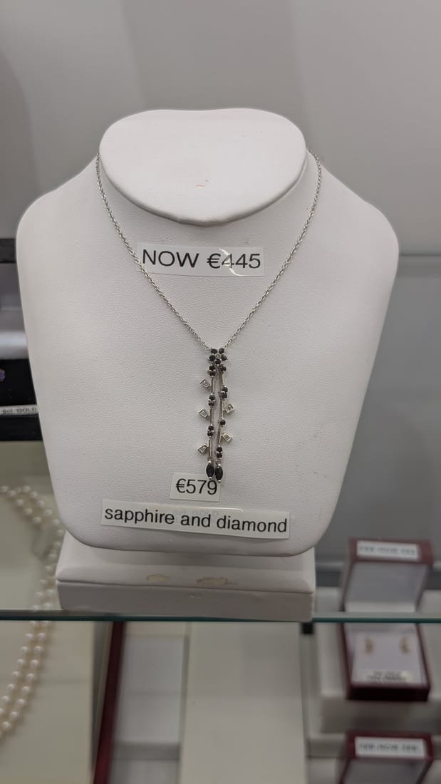 Sapphire & Diamond Drop Necklace, White Gold, Sapphire & Diamond